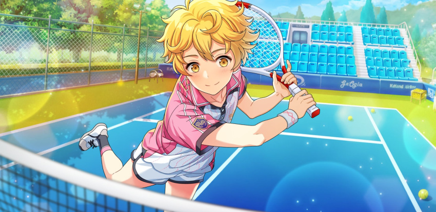 1boy afterl!fe bleachers blonde_hair blush ell_(afterl!fe) fingernails highres looking_at_viewer male_focus official_art playing_sports racket second-party_source short_hair short_sleeves shorts smile solo tennis tennis_court tennis_racket yellow_eyes