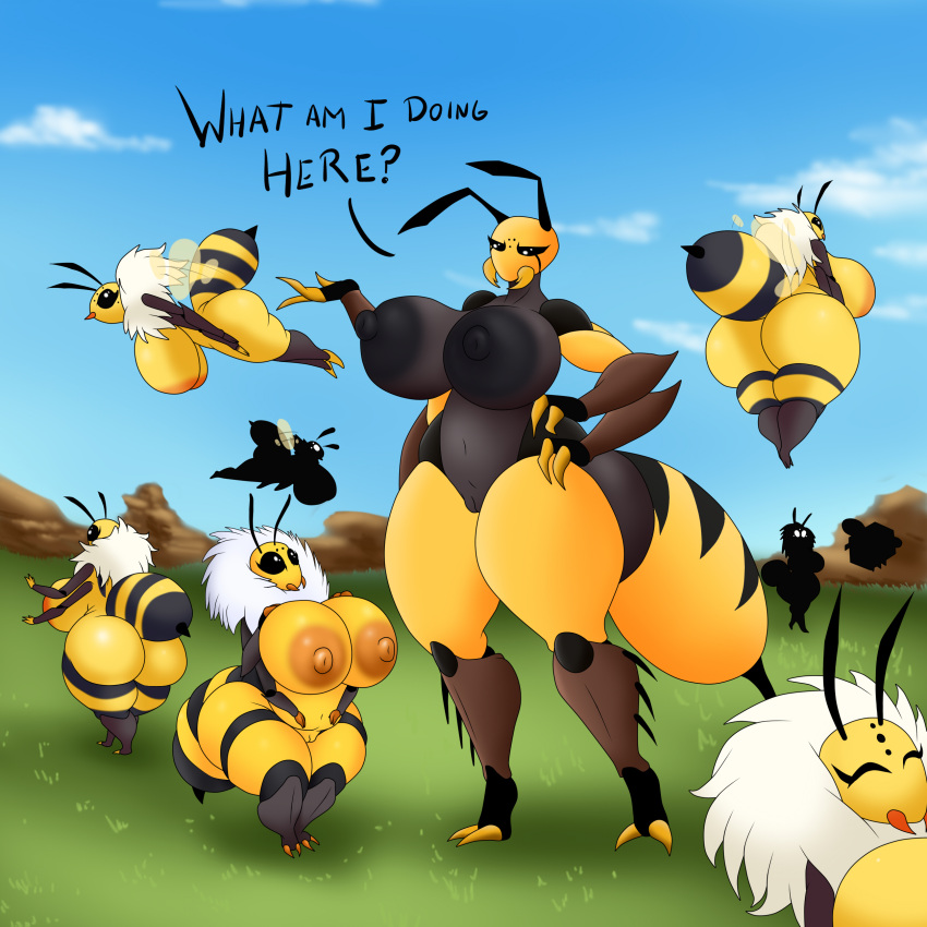 absurd_res angry anthro areola arthropod bee big_areola big_breasts breasts female flying group hi_res huge_areola huge_breasts hymenopteran insect looking_at_another nightmare-arts nude short_stack silouhette standing sting text thick_thighs wasp