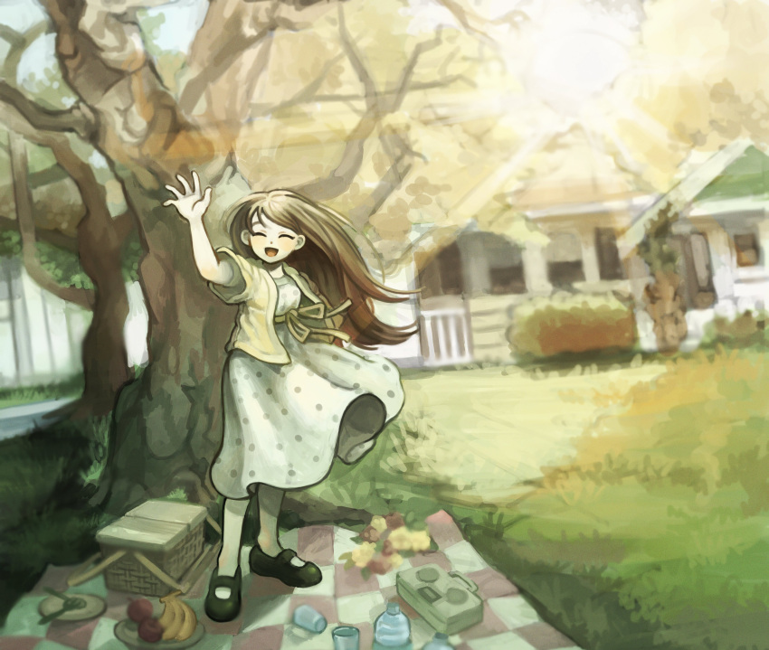 1girl 9twoeight ^_^ ^o^ absurdres apple arm_up banana black_footwear closed_eyes day facing_viewer food fruit highres house mari_(omori) omori open_mouth outdoors picnic picnic_basket short_sleeves smile solo standing tree