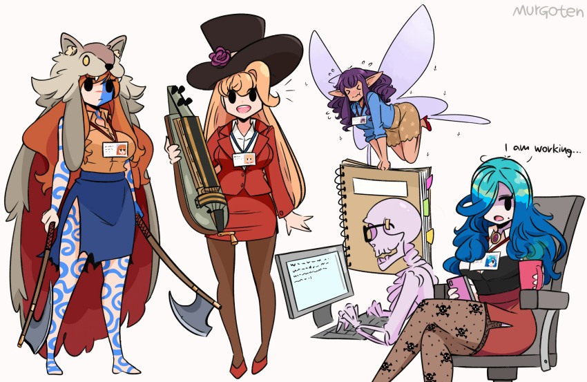 &gt;_&lt; 4girls :d axe bangs barefoot black_eyes blonde_hair blue_hair blue_lips breasts brown_pantyhose brown_thighhighs chair commentary crossed_legs dark-skinned_female dark_skin dual_wielding english_commentary english_text fairy flying_sweatdrops full-body_tattoo hair_over_one_eye hat highres holding holding_axe instrument keyboard_(computer) long_hair looking_at_viewer lute_(instrument) mole mole_under_mouth monitor multiple_girls murgoten name_tag office_lady original pantyhose pencil_skirt red_footwear simple_background skeleton skirt smile tattoo teeth thighhighs top_hat torn_clothes torn_skirt white_background