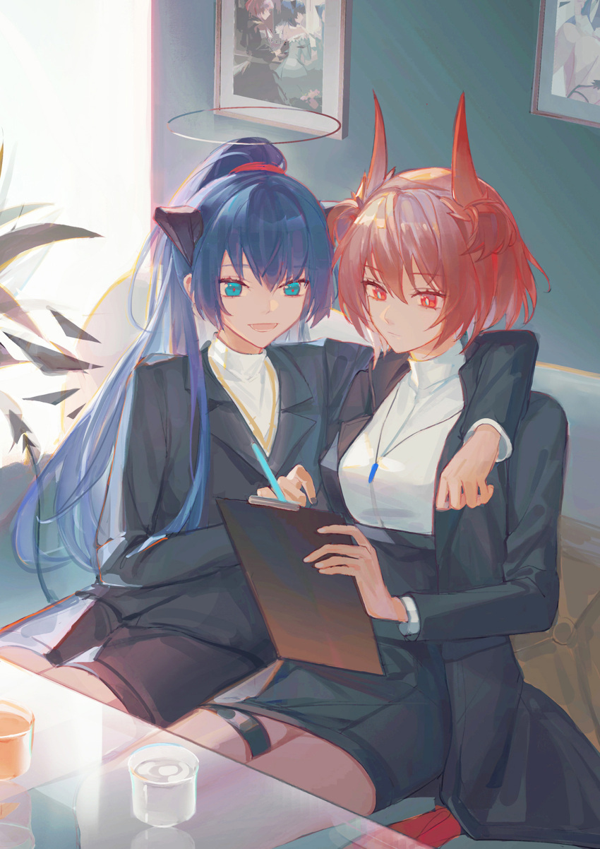 2girls alternate_costume arknights arm_around_shoulder black_jacket black_shorts black_skirt black_wings blue_eyes blue_hair breasts dark_halo demon_horns demon_tail detached_wings energy_wings fiammetta_(arknights) formal glass_table hair_between_eyes halo highres holding holding_clothes holding_pen horns indoors jacket jewelry long_hair long_sleeves luren_max mostima_(arknights) multiple_girls necklace open_clothes open_jacket open_mouth pen picture_(object) picture_frame ponytail red_eyes shirt short_hair shorts skirt small_breasts table tail thigh_strap white_shirt wings