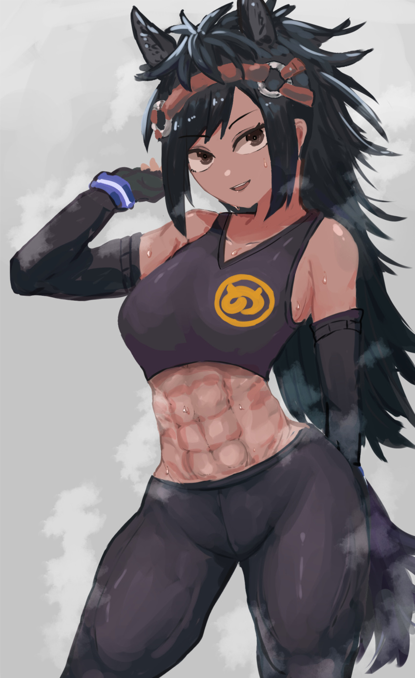 1girl abs absurdres adeshi_(adeshi0693119) animal_costume animal_ear_fluff animal_ears black_eyes black_hair brown_thoroughbred_(kemono_friends) dark-skinned_female dark_skin elbow_gloves gloves highres horse_ears horse_girl horse_tail kemono_friends kemono_friends_3 long_hair looking_at_viewer muscular open_mouth pants shirt simple_background sleeveless sleeveless_shirt smile solo sweat tail
