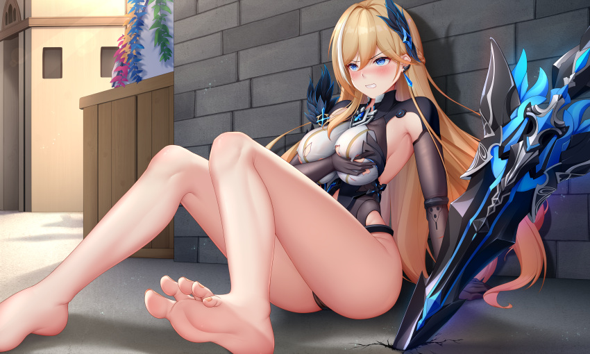 1girl armor bangs barefoot bianka_durandal_ataegina bianka_durandal_ataegina_(palatinus_equinox) black_gloves blonde_hair blue_eyes blush breasts brick_wall cleavage defeat earrings feet full_body gloves hair_ornament highres honkai_(series) honkai_impact_3rd jewelry large_breasts long_hair lrh0123 no_shoes on_floor open_mouth outdoors planted planted_spear polearm sitting soles solo spear teeth toes weapon wide_hips