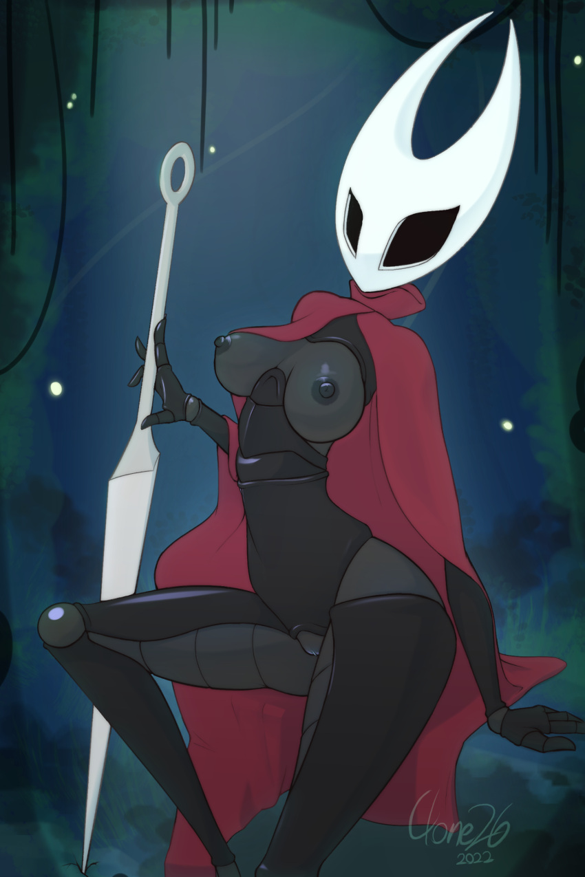 2:3 absurd_res anthro areola arm_support arthropod black_areola black_body black_nipples blue_pussy breasts cloak clone26 clothing exoskeleton female genitals hi_res hollow_knight hornet_(hollow_knight) mask melee_weapon mostly_nude nipples pussy sitting solo sword team_cherry video_games weapon