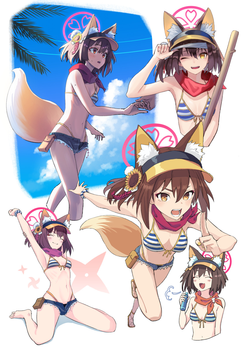 1girl absurdres animal_ear_fluff animal_ears bangs bare_arms bare_shoulders bikini blue_archive blush denim denim_shorts fox_ears halo highres izuna_(blue_archive) izuna_(swimsuit)_(blue_archive) looking_at_viewer multiple_views navel official_alternate_costume rakura_(rakurax) scarf shorts solo string_bikini striped striped_bikini swimsuit tail visor_cap yellow_eyes