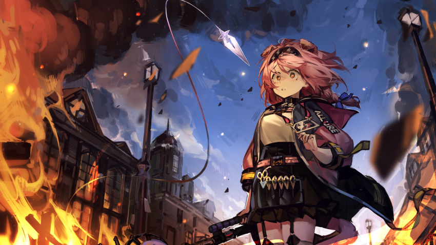 1girl animal_ears arknights black_hairband black_skirt blue_bow blue_jacket blue_sky bow braid building cat_ears cat_girl cat_tail city cowboy_shot fire floppy_ears garter_straps goldenglow_(arknights) hair_bow hairband highres holding id_card jacket lamppost libiadan lightning_bolt_print long_hair multicolored_clothes multicolored_jacket night night_sky open_clothes open_jacket outdoors pink_hair pink_jacket print_hairband scissors shirt skirt sky smoke solo tail thighhighs two-tone_jacket white_shirt white_thighhighs wind yellow_eyes