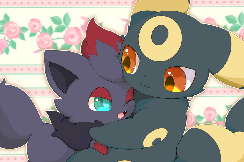 ambiguous_gender black_body black_ears black_fur black_inner_ear black_tail brown_pupils canid canine cheek_tuft colored cute_fangs digital_media_(artwork) duo ear_markings eeveelution embrace eye_contact facial_markings facial_tuft feral floral_background fluffy fluffy_tail forehead_markings fur glistening glistening_eyes green_eyes green_pupils half-length_portrait happy head_markings head_tuft hi_res hirochanu hug kemono leg_markings looking_at_another mammal markings monotone_ears monotone_tail multicolored_body multicolored_ears multicolored_fur multicolored_tail neck_tuft nintendo nude on_top one_eye_closed open_mouth open_smile orange_eyes pok&eacute;mon pok&eacute;mon_(species) portrait pupils quadruped red_body red_fur ring_(marking) ringtail semi-anthro shaded side_view sitting smile socks_(marking) tail_markings tongue tuft two_tone_body two_tone_ears two_tone_fur two_tone_tail umbreon video_games yellow_body yellow_ears yellow_fur yellow_markings yellow_tail zorua