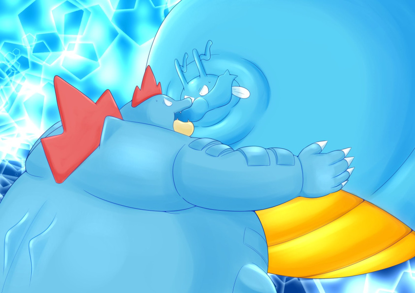 5_fingers belly big_belly bite blue_body blue_skin digital_media_(artwork) drinking duo fail feral feraligatr fight fingers floating forced growth hi_res hyper hyper_inflation inflation kingdra kissing male male/male marine morbidly_obese nintendo no_homo obese overweight pain parody pok&eacute;mon pok&eacute;mon_(species) reptile scales scalie scene_interpretation shocked standing struggling surprise swallowing unknown_artist video_games water water_inflation wide_eyed yellow_body yellow_skin