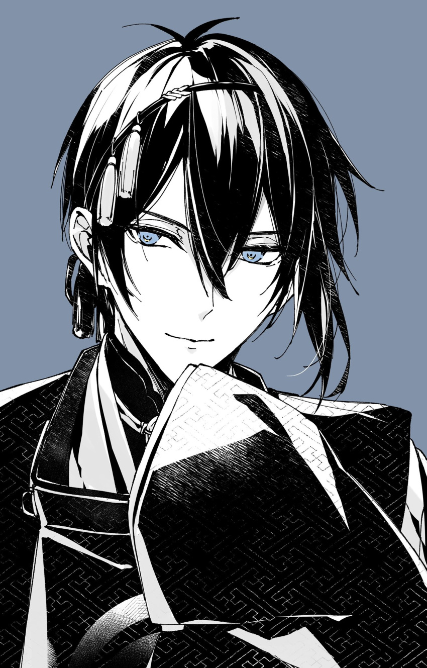 1boy bangs blue_background blue_eyes closed_mouth commentary_request hair_between_eyes hand_up highres japanese_clothes kariginu long_sleeves male_focus mikazuki_munechika mochizuki_shiina monochrome sayagata simple_background sleeves_past_fingers sleeves_past_wrists smile solo touken_ranbu upper_body wide_sleeves