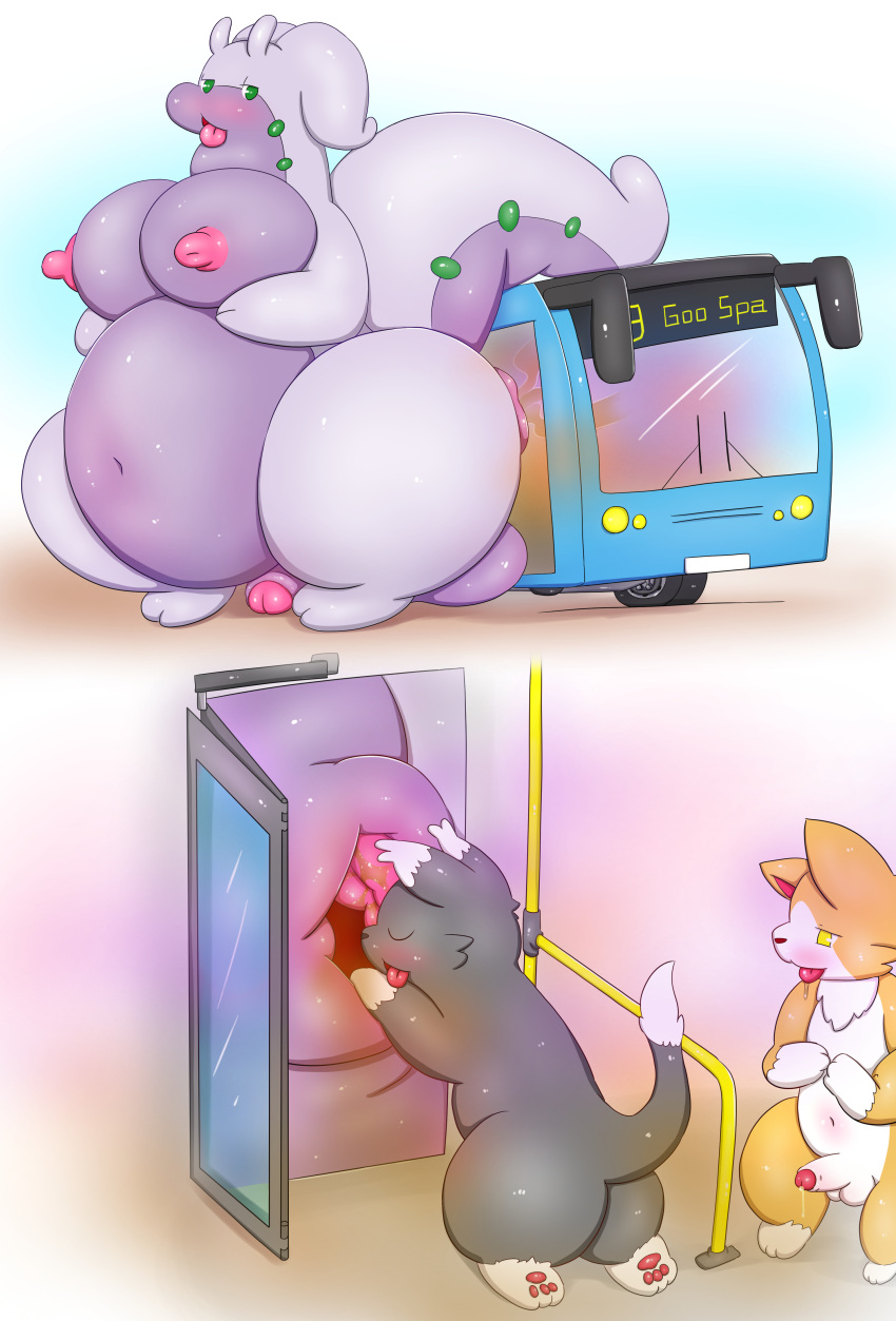 absurd_res anthro anus balls bboing belly big_belly big_breasts breasts bus commercial_vehicle domestic_cat fart felid feline felis feral genitals goodra group gynomorph hi_res humanoid_genitalia humanoid_penis imminent_anal_vore imminent_vore intersex intersex/male male mammal nintendo nipples overweight penis pok&eacute;mon pok&eacute;mon_(species) public_transportation puffy_anus size_difference tongue tongue_out vehicle vehicle_for_hire video_games