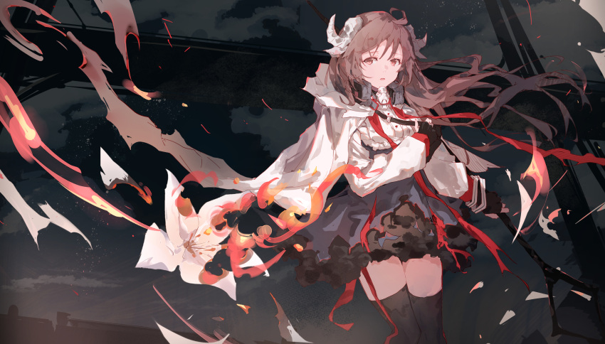 1girl ahoge arknights black_gloves black_thighhighs brown_eyes brown_hair cloak commentary_request dress eyjafjalla_(arknights) fingerless_gloves fire floating_hair flower gloves grey_dress highres holding holding_staff horns ken1212ab long_hair long_sleeves looking_at_viewer parted_lips puffy_long_sleeves puffy_sleeves sleeves_past_wrists solo staff thighhighs torn_clothes torn_dress very_long_hair white_cloak white_flower