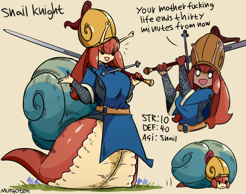 1girl :&gt; :d armor bangs belt black_eyes breasts brown_hair chainmail english_text helmet highres holding holding_sword holding_weapon long_hair looking_at_viewer monster_girl murgoten o_o original over_shoulder plume red_hair reference_sheet shaded_face signature simple_background smile snail_girl snail_shell sword tabard two-handed weapon weapon_over_shoulder