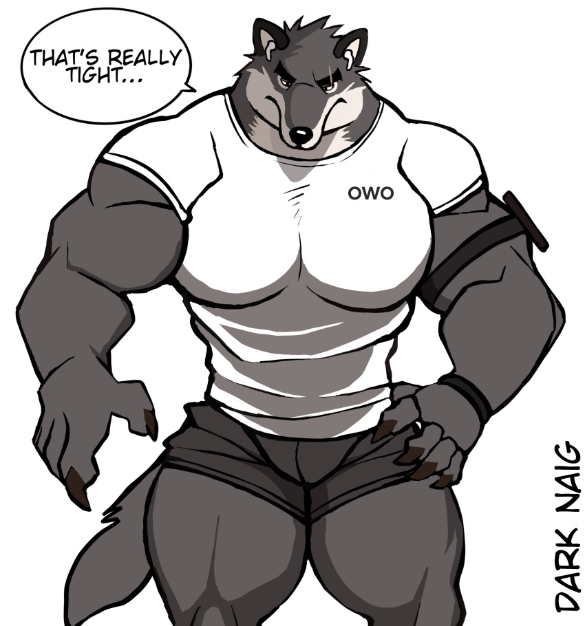 2022 absurd_res airpods anthro apple_inc. armband artist_name barazoku biceps big_muscles bottomwear bulge canid canine canis claws clothed clothing darknaigart dialogue earbuds english_text eyebrows front_view fur hand_on_hip headphones hi_res hotpants huge_muscles male mammal muscular muscular_anthro muscular_male pecs scar shirt shorts simple_background solo standing text thick_thighs tight_clothing topwear tuft white_background wolf wristband