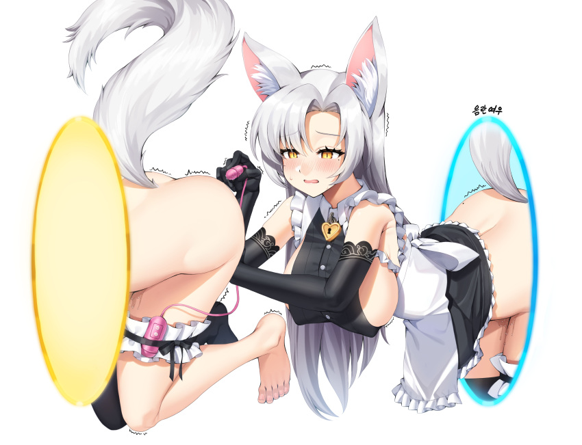 1girl absurdres animal_ear_fluff animal_ears apron armpit_crease artist_request bangs bare_shoulders barefoot black_dress black_gloves black_thighhighs blush breasts buttons collared_dress commission covered_nipples dress elbow_gloves eun_soyeon_(lustyfox) fox_ears fox_girl fox_tail frilled_dress frills gloves grey_hair heart-shaped_lock highres large_breasts long_hair looking_at_viewer maid_apron mole mole_under_eye no_panties nose_blush open_mouth original parted_bangs portal_(object) portal_(series) pussy_juice second-party_source sex_toy short_dress sideboob single_thighhigh sleeveless sleeveless_dress slit_pupils solo tail thigh_strap thighhighs trembling vibrator white_hair yellow_eyes