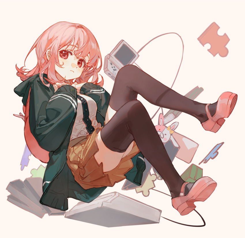 1girl 1other backpack bag bangs black_thighhighs blurry book breasts buttons carrying_bag ciloranko danganronpa_(series) depth_of_field expressionless floating green_jacket hand_on_own_chest highres hood hooded_jacket jacket light_blush long_jacket looking_at_viewer medium_breasts monomi_(danganronpa) nanami_chiaki orange_skirt pink_bag pink_eyes pink_footwear pink_hair puzzle_piece shirt short_hair skirt thighhighs white_background white_shirt