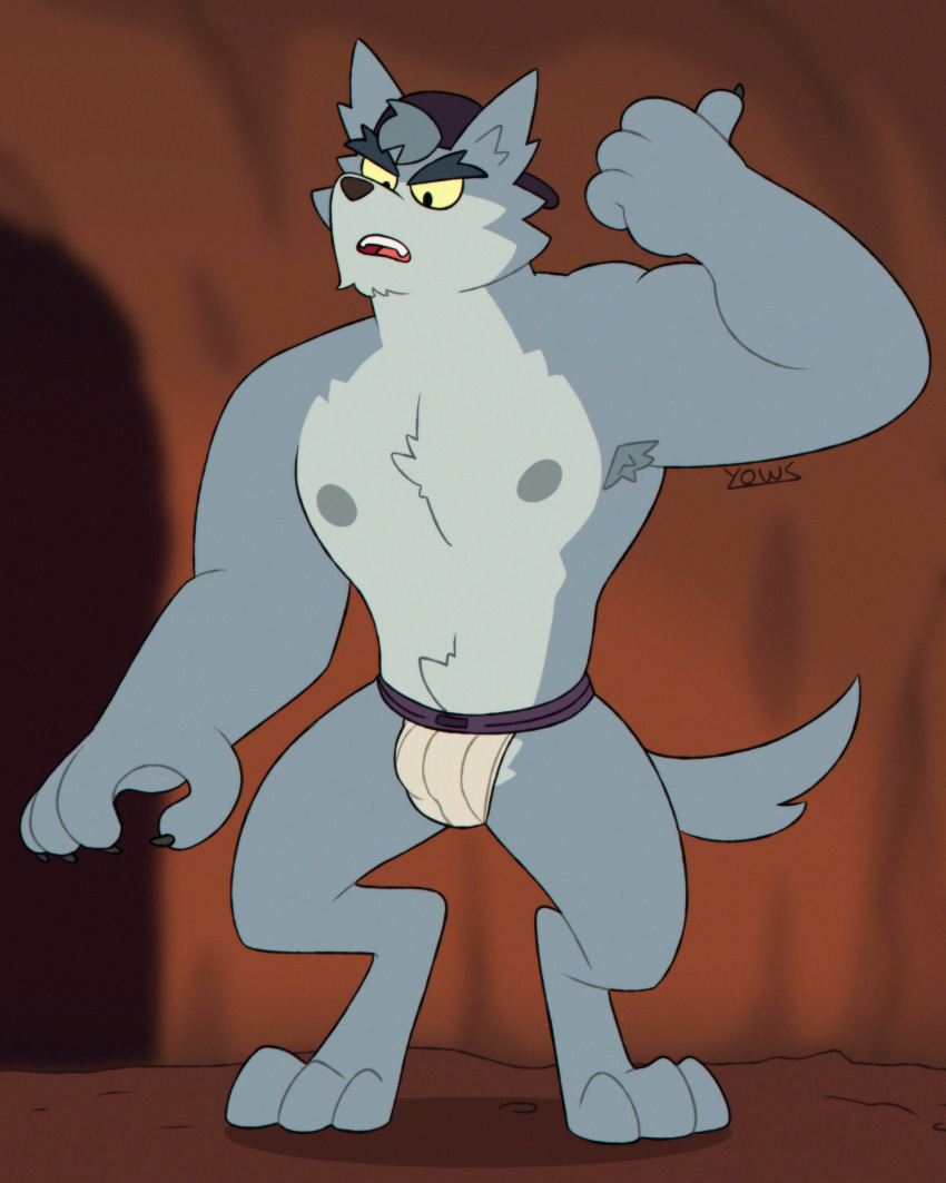 anthro armpit_hair backwards_baseball_cap backwards_hat baseball_cap body_hair canid canine canis clothing fur gesture grey_body grey_fur hat headgear headwear hi_res jockstrap looking_down male mammal muscular muscular_anthro muscular_male nipples open_mouth sharp_teeth solo standing teeth thumbs_up underwear we_baby_bears wolf wolf_(we_baby_bears) yellow_eyes yows_(artist)