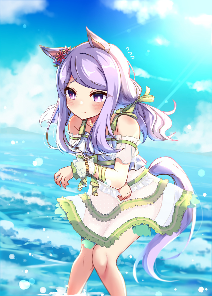 1girl alternate_costume alternate_hairstyle animal_ears blush cloud commentary_request highres horse_ears horse_girl looking_at_viewer mejiro_mcqueen_(ripple_fairlady)_(umamusume) mejiro_mcqueen_(umamusume) ocean purple_eyes purple_hair sky solo soramuko umamusume when_you_see_it