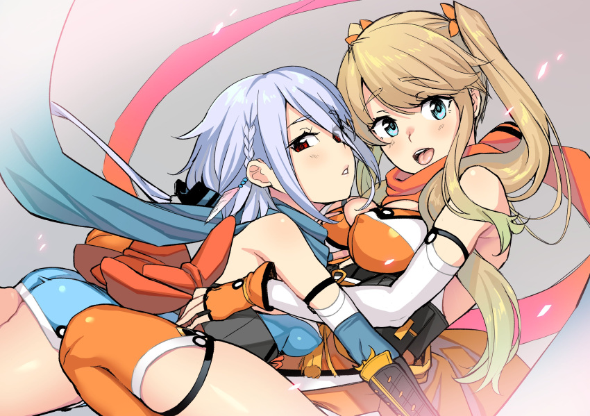 2girls blonde_hair blue_eyes blue_hair blue_scarf bow breasts character_request elbow_gloves escalation_heroines fingerless_gloves gin_(ginshari) gloves highres hug looking_at_viewer medium_breasts multiple_girls ninja official_art open_mouth orange_gloves orange_scarf red_eyes scarf short_hair thighhighs twintails