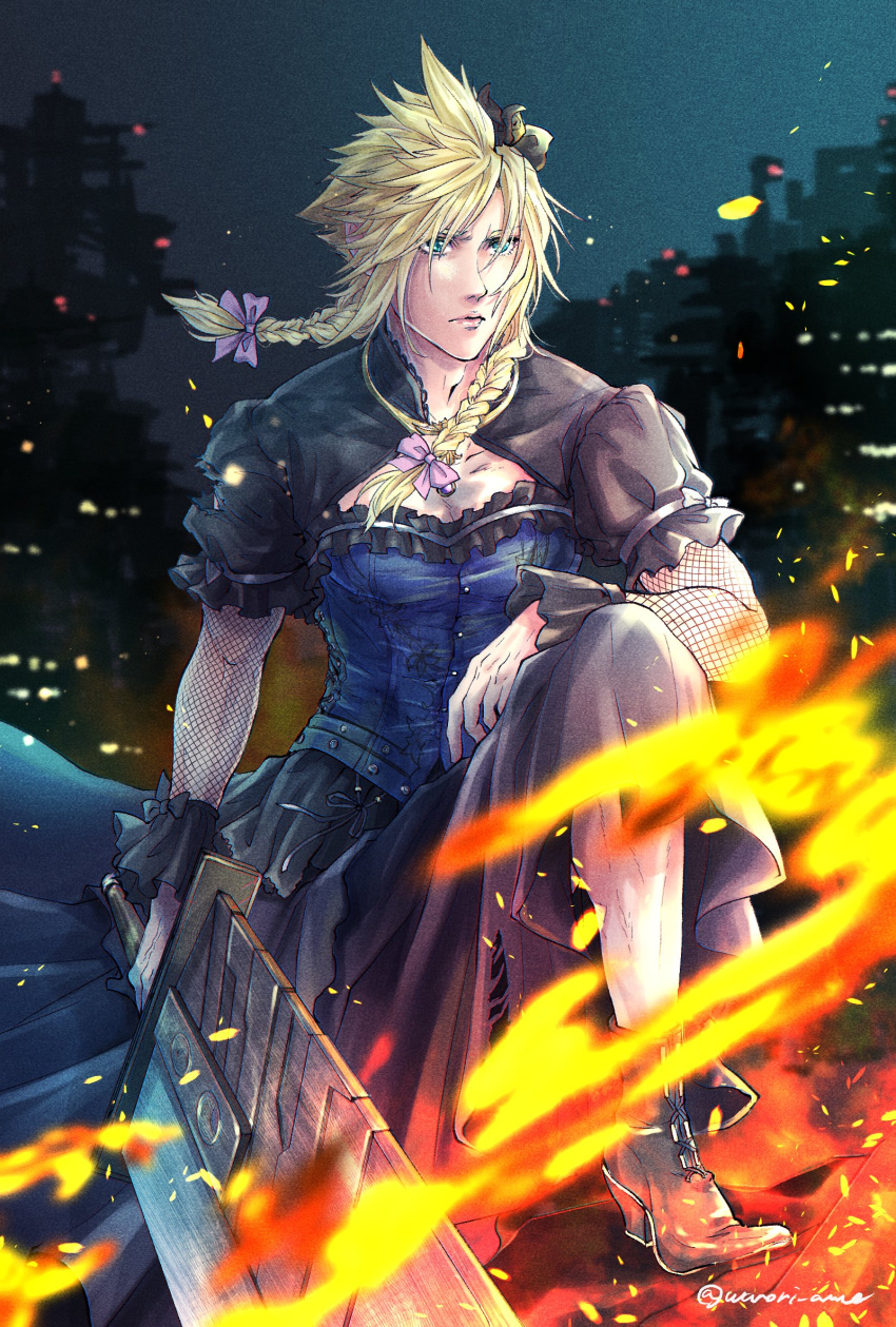 1boy black_flower black_footwear blonde_hair blue_corset blue_dress blue_eyes boots bow braid buster_sword city_lights cloud_strife corset crossdressing dress final_fantasy final_fantasy_vii final_fantasy_vii_remake fire fishnet_armwear flower frilled_dress frills hair_bow hair_flower hair_ornament high_heel_boots high_heels highres holding holding_sword holding_weapon leg_up long_dress long_hair male_focus official_alternate_costume pink_bow puffy_short_sleeves puffy_sleeves short_sleeves skyline solo spiked_hair sword twin_braids warori_anne weapon