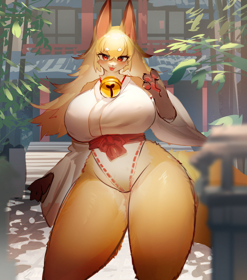 2022 4_fingers absurd_res anthro asian_clothing big_breasts blep blonde_hair blush breasts brown_body brown_fur canid canine claws clothing east_asian_clothing female female_anthro finger_claws fingers fox fur gloves_(marking) hair hi_res high_cut_miko_outfit japanese_clothing kemono leg_markings long_hair mammal markings miko_outfit multicolored_body multicolored_fur pawpads paws portrait red_eyes shrine socks_(marking) solo tan_body tan_fur thick_thighs three-quarter_portrait tongue tongue_out utterangle white_body white_fur wide_hips