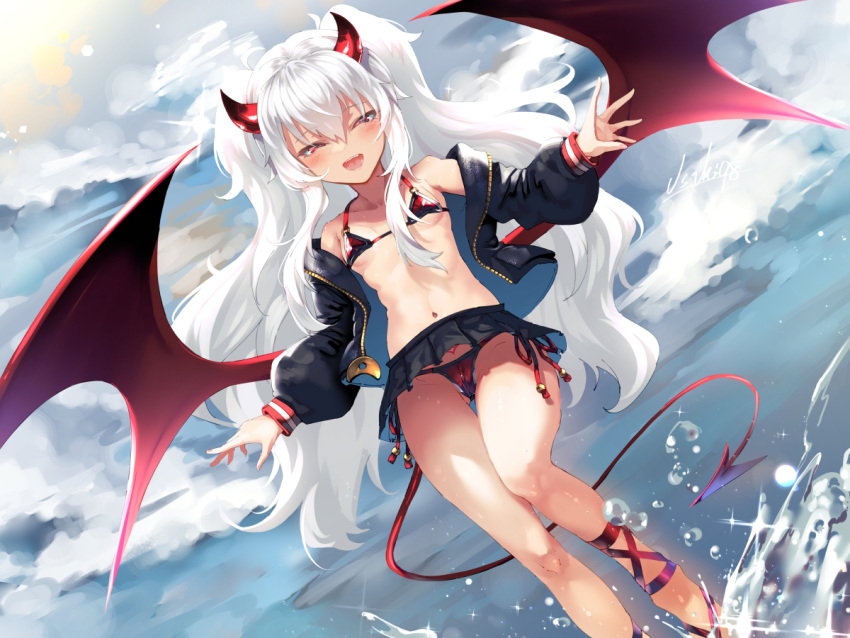 1girl ;d bikini black_skirt blush commentary_request demon_girl demon_horns demon_tail demon_wings dutch_angle flat_chest grim_aloe half-closed_eyes horns jacket long_hair long_sleeves looking_at_viewer micro_bikini microskirt navel one_eye_closed open_clothes open_jacket outdoors pleated_skirt quiz_magic_academy quiz_magic_academy_the_world_evolve red_bikini red_eyes side-tie_bikini signature skirt smile solo swimsuit tail usuki_(graygreed) water white_hair wings