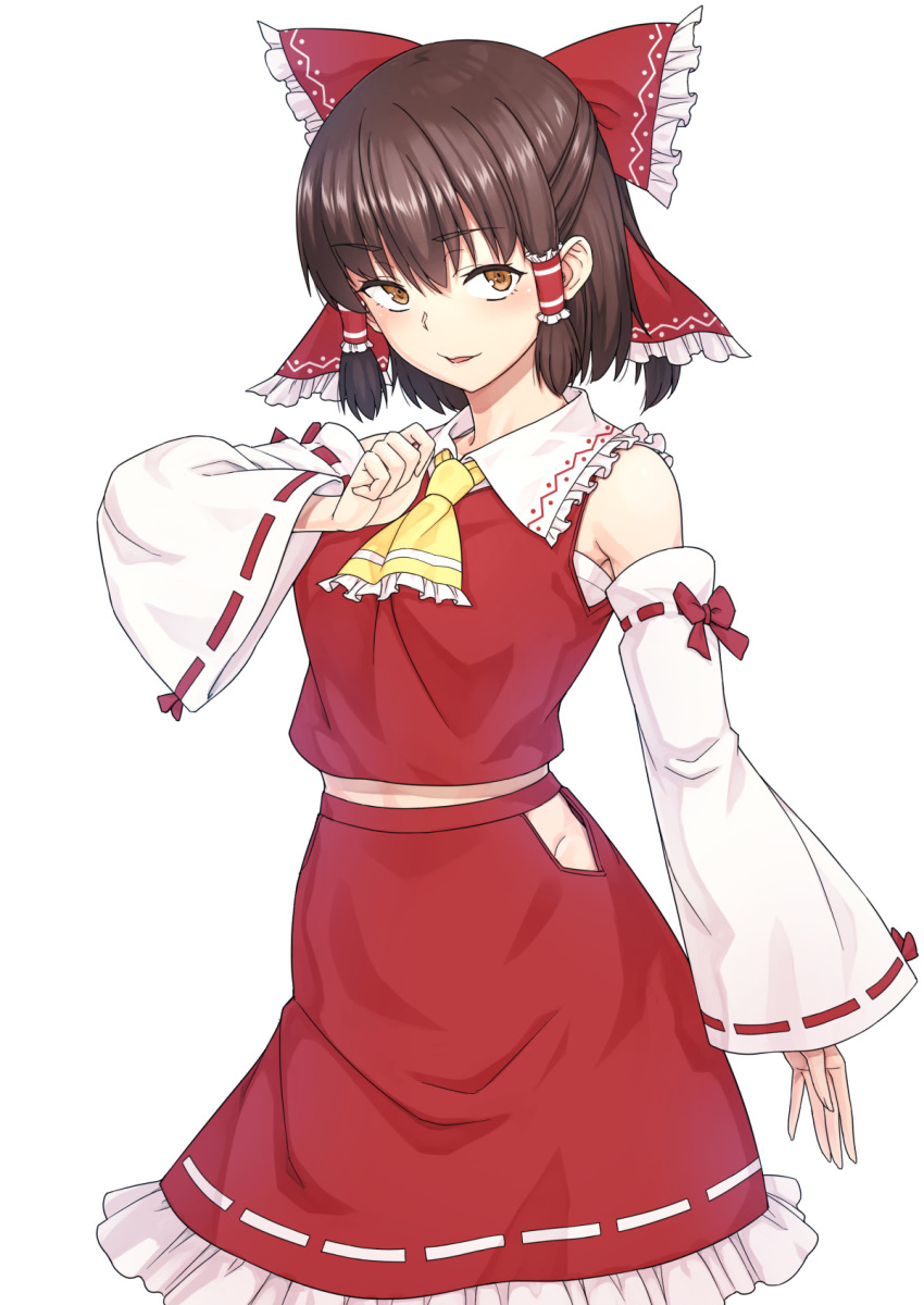 1girl ascot bow brown_hair detached_sleeves frilled_bow frills hair_bow hair_tubes hakurei_reimu highres kakone light_smile looking_at_viewer nontraditional_miko parted_lips red_bow ribbon-trimmed_sleeves ribbon_trim sarashi touhou