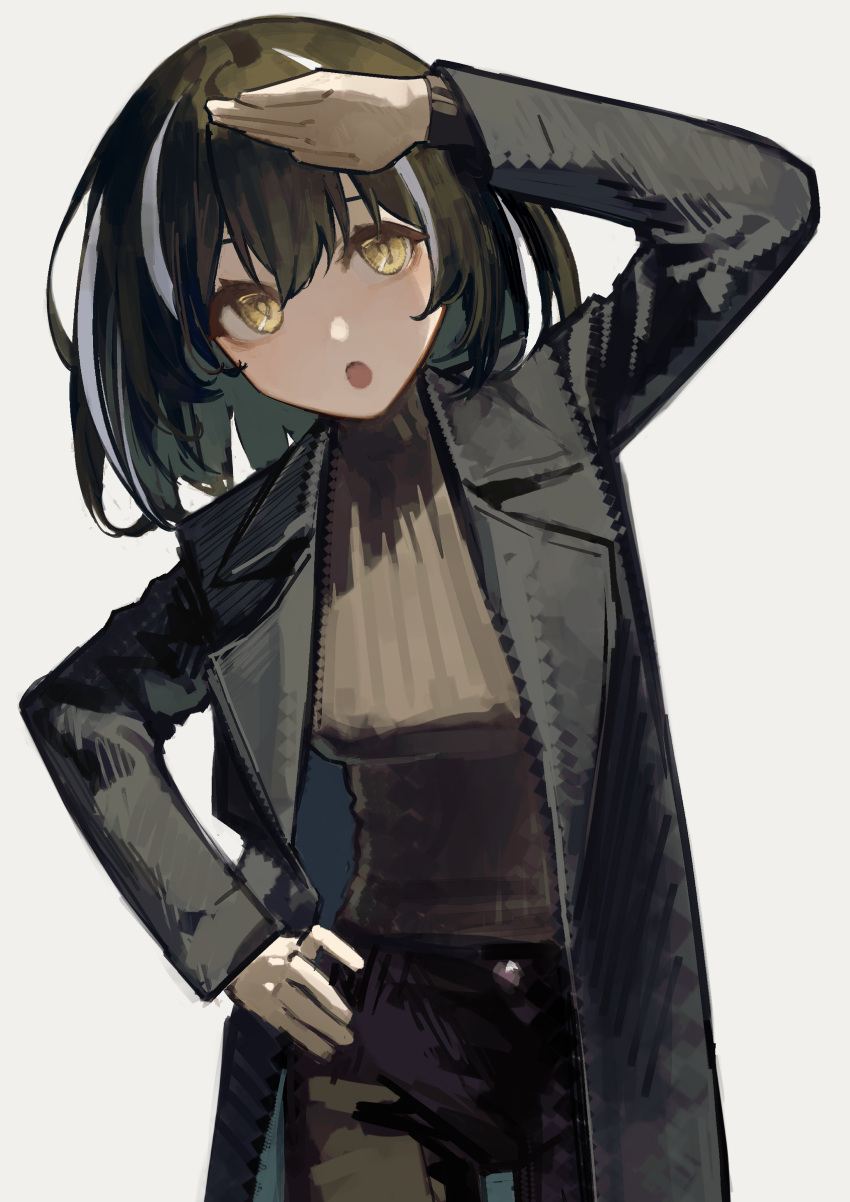 1girl :o absurdres alternate_costume arknights arm_above_head bangs black_coat black_pants brown_hair brown_sweater coat cowboy_shot grey_background hand_on_hip highres long_sleeves looking_at_viewer magallan_(arknights) medium_hair multicolored_hair open_clothes open_coat open_mouth pants simple_background solo streaked_hair sweater white_hair yellow_eyes yoon_cook