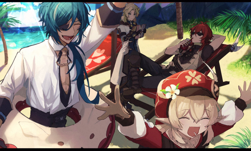 1girl 3boys 403pa ^_^ albedo_(genshin_impact) bangs beach beach_chair blonde_hair blue_hair boots braid brown_bag cabbie_hat child closed_eyes coat crossed_bangs cup dark-skinned_male dark_skin diluc_(genshin_impact) drinking_straw eyepatch female_child french_braid genshin_impact gloves hair_between_eyes hat hat_feather highres holding innertube kaeya_(genshin_impact) klee_(genshin_impact) light_brown_hair long_hair long_sleeves medium_hair multiple_boys ocean open_clothes open_coat open_mouth palm_tree parted_bangs pointy_ears ponytail reading red_hair red_headwear short_sleeves sunglasses sunlight tree