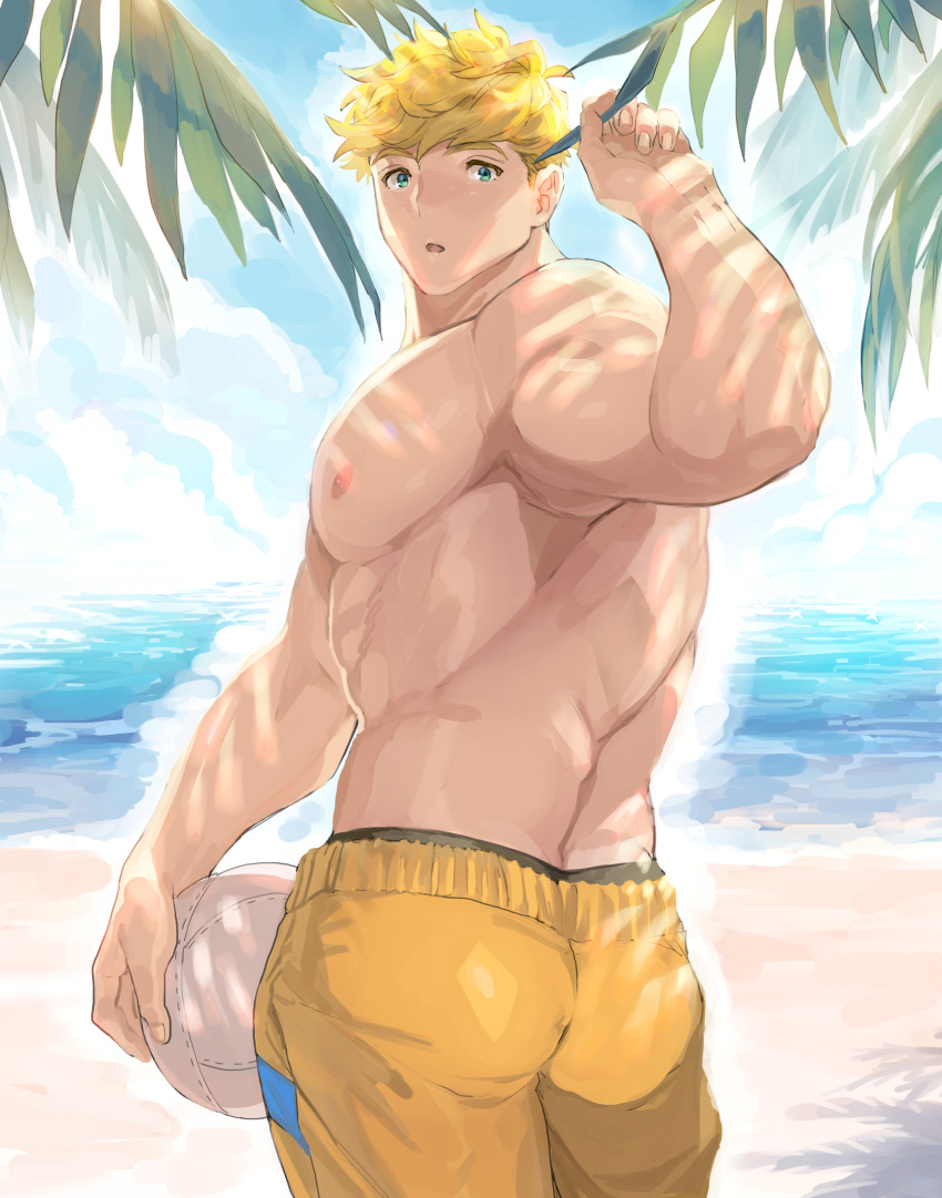 :o ass back ball bangs bara beach blonde_hair cloud day granblue_fantasy green_eyes highres holding holding_ball large_pectorals looking_back male_swimwear migi_(mm86262394) muscular muscular_male nipples orange_male_swimwear outdoors pectorals short_hair sky topless_male vane_(granblue_fantasy)