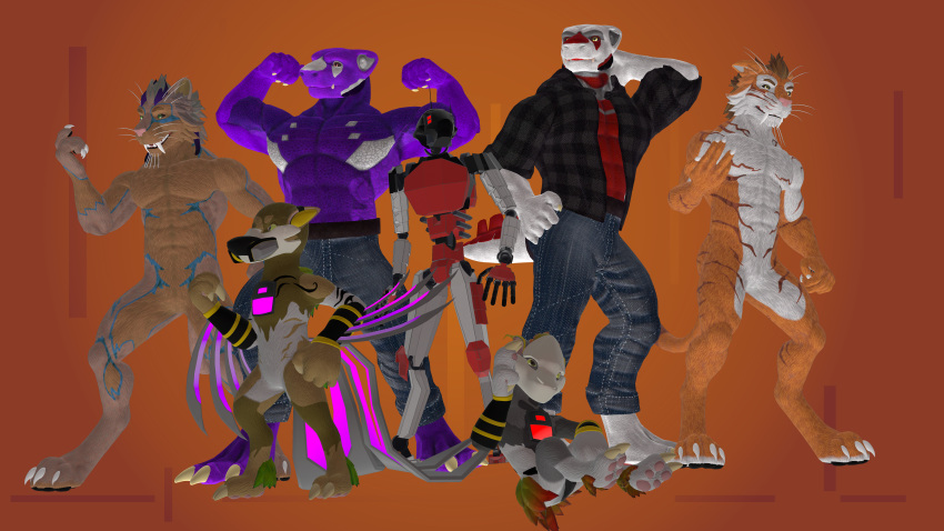 2022 3d_(artwork) absurd_res ambiguous_gender anthro clothed clothing digital_media_(artwork) draco_psyrin enigma(vp) fae_felidae felid feline flexing group hi_res humanoid jex_trex m.u.f machine male mammal muscular nude partially_clothed pose robot robot_humanoid scalie size_difference standing_position virtual_plains