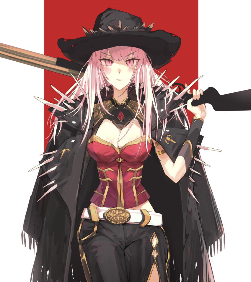 1girl absurdres arm_strap belt black_headwear black_jacket black_pants black_sleeves blush breasts cleavage cleavage_cutout clothing_cutout commentary cowboy_hat cowboy_western detached_sleeves english_commentary gun hat highres holding holding_gun holding_weapon hololive hololive_english jacket kimpanzi long_hair looking_at_viewer mori_calliope over_shoulder pants pink_hair red_eyes red_shirt shirt shotgun single_sleeve thigh_gap very_long_hair virtual_youtuber weapon weapon_over_shoulder white_belt