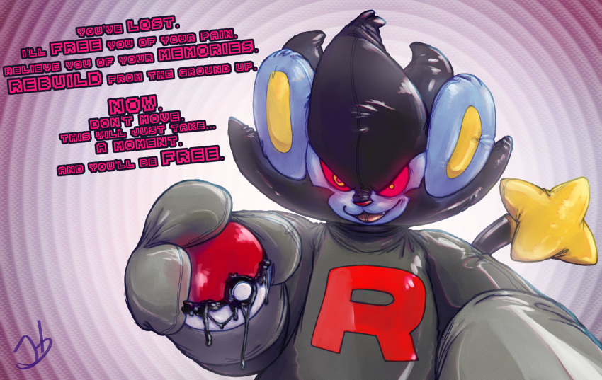 absurd_res anthro brainwashing clothing creases first_person_view folds glistening gloves glowing glowing_eyes goop grunt_(pok&eacute;mon) handwear hi_res hypnosis implied_transformation invalid_tag latex latex_armwear latex_clothing latex_gloves latex_transformation luxray male mind_control nintendo pok&eacute;ball pok&eacute;mon pok&eacute;mon_(species) rocket_grunt rubber rubber_clothing solo spirals stormdragonblue team_rocket text transformation video_games wrinkles