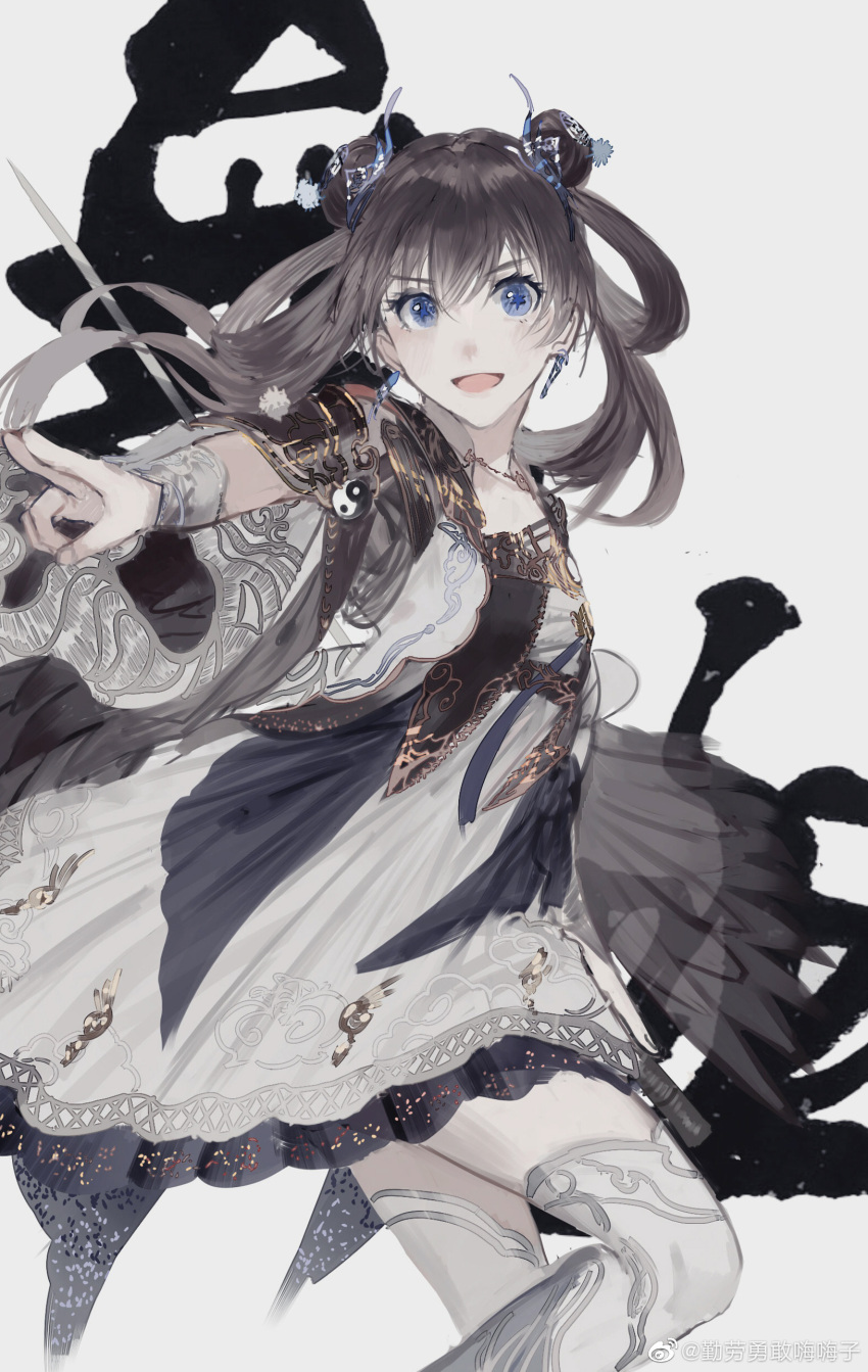 1girl absurdres blue_eyes double_bun dress earrings gou_haihaihaihai hair_bun hair_ornament hair_rings highres index_fingers_together jewelry looking_at_viewer open_mouth original pose solo thighhighs turning_around upper_body white_background white_dress yin_yang_pin