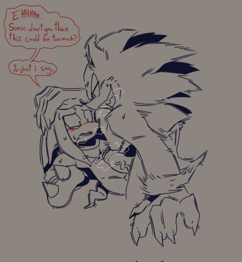 anthro blush bodily_fluids dialogue duo foreskin genital_fluids genitals hand_on_head hi_res kiniax knuckles_the_echidna male male/male penis precum sega size_difference sonic_the_hedgehog sonic_the_hedgehog_(series) sonic_the_werehog sonic_unleashed speech_bubble steam