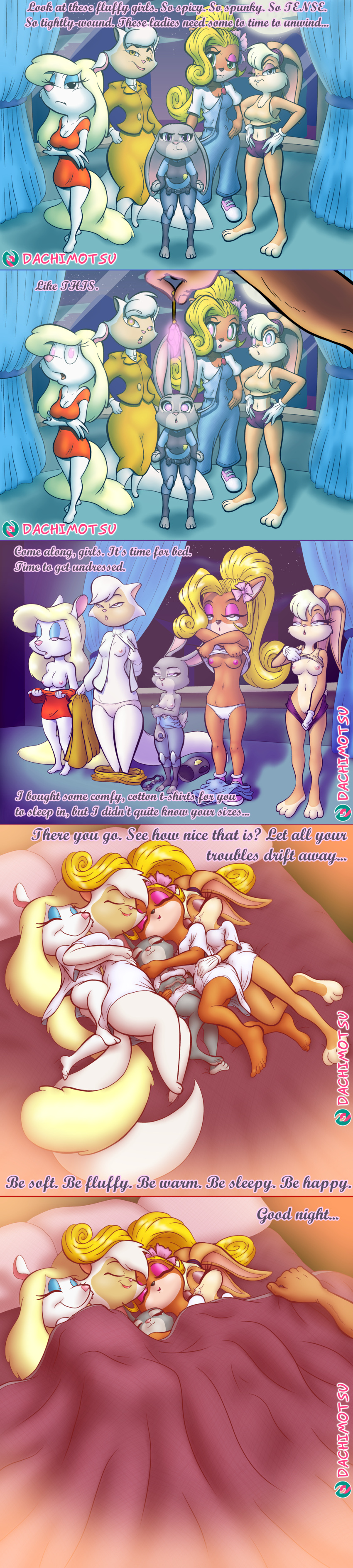 absurd_res activision animaniacs anthro bandicoot bed breasts cats_don't_dance clothing coco_bandicoot comic crash_bandicoot_(series) crossover crystal cuddling dachimotsu disney domestic_cat english_text faceless_character faceless_human faceless_male felid feline felis female furniture genitals group hi_res human judy_hopps lagomorph leporid lola_bunny long_image looney_tunes male mammal marsupial mind_control minerva_mink mink mustelid musteline nipples nude panties pink_glow pussy rabbit sawyer_(cats_don't_dance) shirt sleeping space_jam tall_image text tired topwear true_musteline underwear undressing video_games warner_brothers white_clothing white_shirt white_topwear zootopia