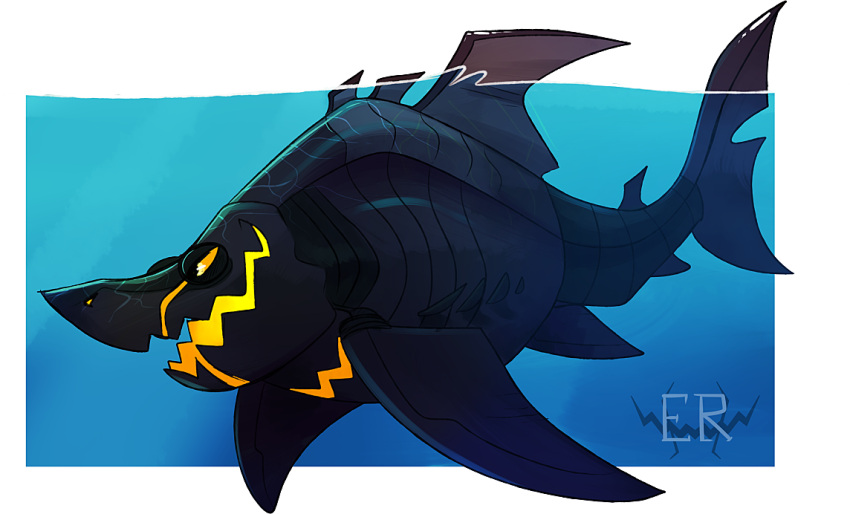 ambiguous_gender artist_logo black_body black_tail dorsal_fin feral fin fish imperatorcaesar logo marine mostly_submerged narrowed_eyes open_mouth orange_sclera shark side_view solo water yellow_eyes