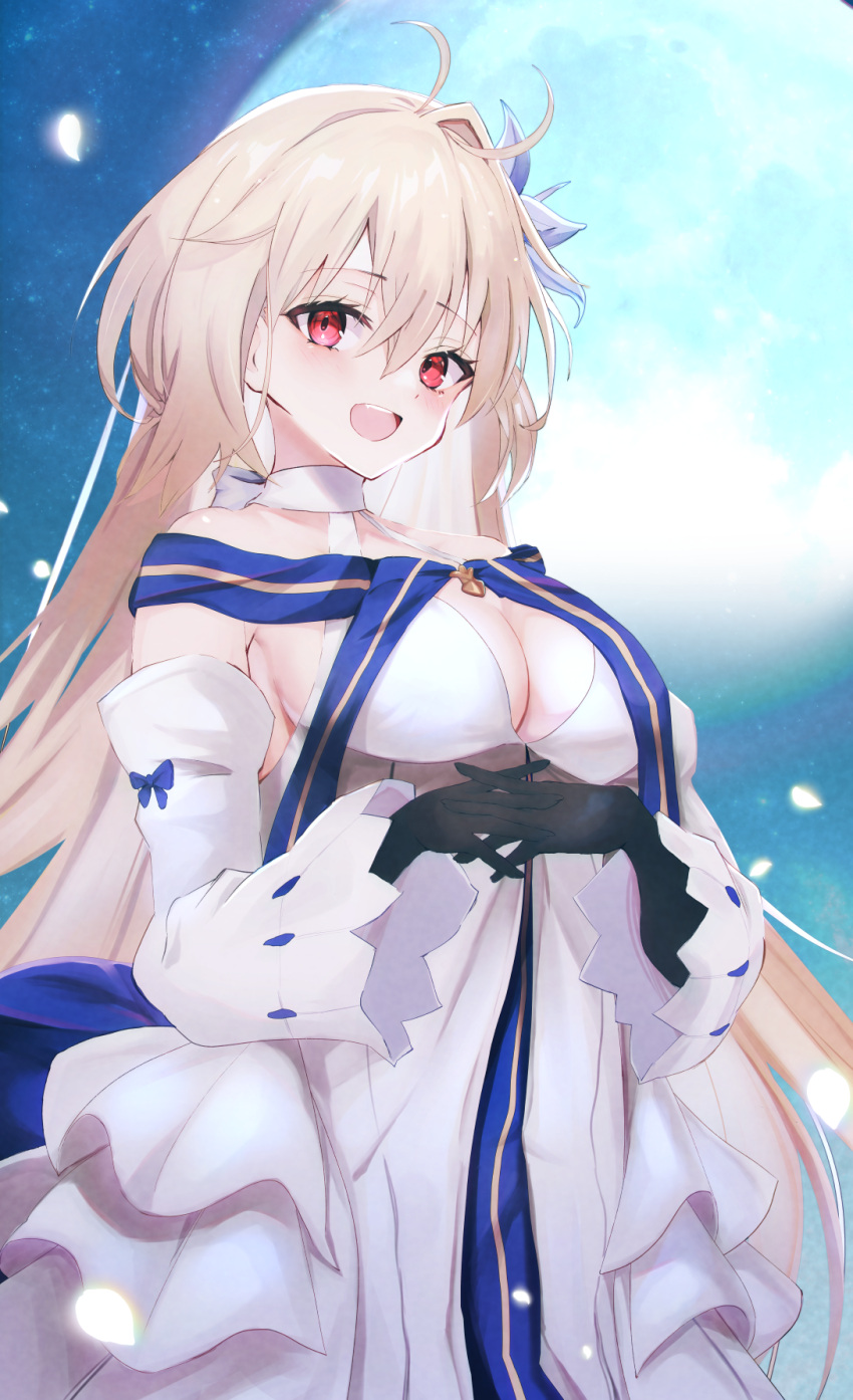 1girl archetype_earth arcueid_brunestud bangs bare_shoulders black_gloves blonde_hair blue_skirt blush breasts cleavage detached_collar detached_sleeves dress fate/grand_order fate_(series) flower fukiya_(fumiakitoyama) full_moon gloves hair_flower hair_ornament highres large_breasts long_hair looking_at_viewer moon multicolored_clothes multicolored_skirt night night_sky open_mouth red_eyes skirt sky smile solo tsukihime very_long_hair white_dress
