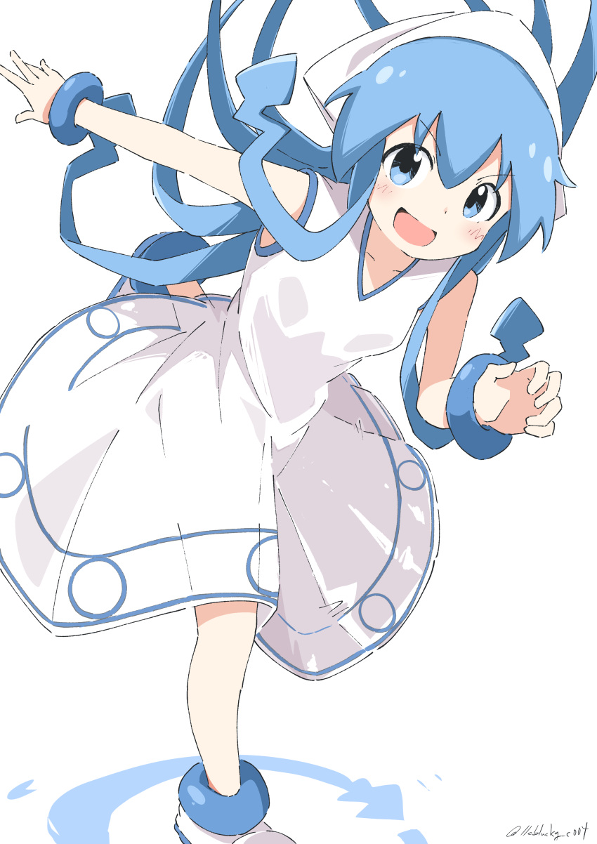 1girl :d absurdres blue_eyes blue_hair cynical_(llcbluckg_c004) dress hat highres ikamusume long_hair looking_at_viewer shinryaku!_ikamusume simple_background sleeveless sleeveless_dress smile solo standing standing_on_one_leg tentacle_hair twitter_username white_background white_dress