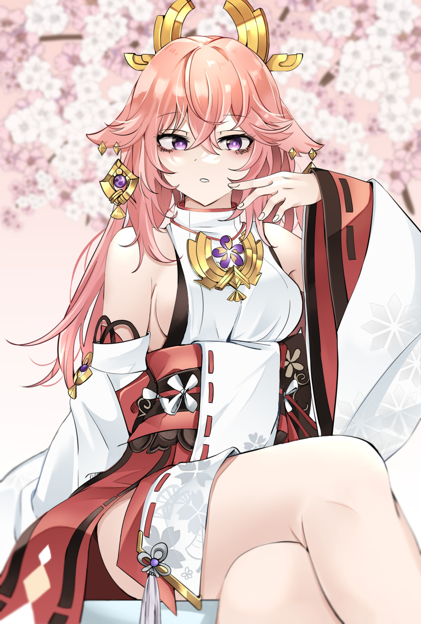 1girl absurdres animal_ears arm_support bangs bare_legs bare_shoulders breasts cherry_blossoms crossed_bangs crossed_legs detached_sleeves earrings floppy_ears floral_print fox_ears genshin_impact hair_between_eyes hair_ornament hakama highres japanese_clothes jewelry long_hair looking_at_viewer low-tied_long_hair medium_breasts mitsudomoe_(shape) nontraditional_miko obiage outdoors parted_lips patpang pendant pink_hair purple_eyes red_skirt ribbon-trimmed_sleeves ribbon_trim shirt sideboob sitting skirt sleeveless sleeveless_shirt solo tomoe_(symbol) tree turtleneck vision_(genshin_impact) white_shirt white_sleeves wide_sleeves yae_miko