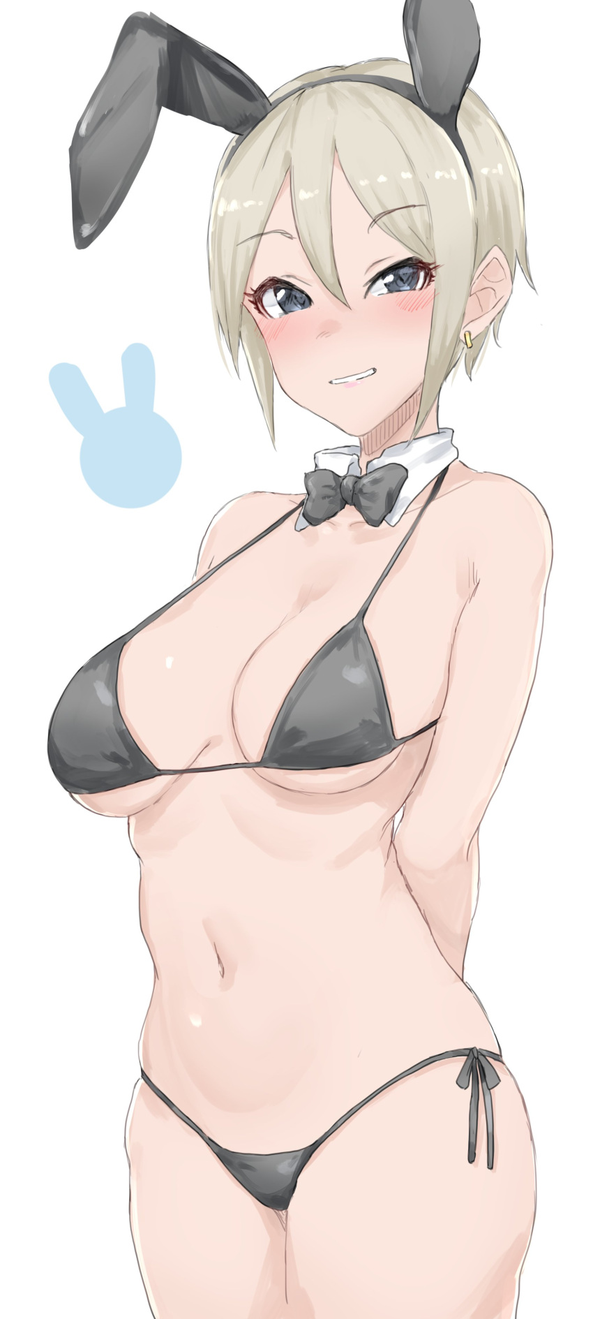 1girl absurdres animal_ears arms_behind_back bikini black_bikini black_bow black_bowtie blush bow bowtie breasts cleavage detached_collar earrings fake_animal_ears grey_hair grin highres idolmaster idolmaster_cinderella_girls jewelry looking_at_viewer medium_breasts navel rabbit_ears shiomi_syuko simple_background skindentation smile solo swimsuit wasabijoyu76