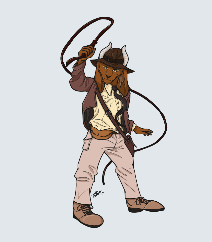 absurd_res anthro bovid brown_body brown_eyes brown_fur brown_goat bullwhip caprine clothing fedora fur goat hat headgear headwear hi_res holstered_pistol indiana_jones_(franchise) jacket leather leather_clothing leather_jacket leather_topwear male mammal necktie satchel solo ssnowstalker topwear