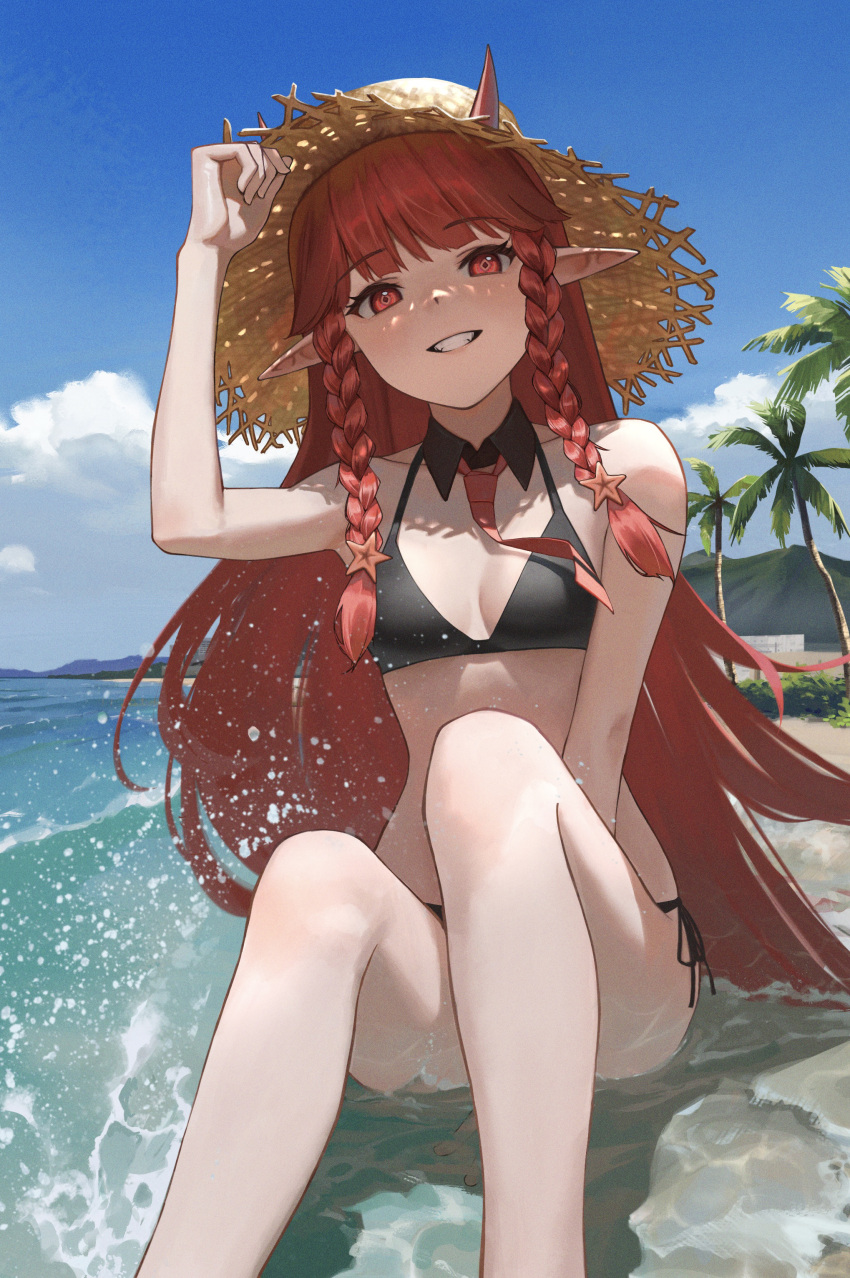 1girl :d absurdres arknights arm_up bare_arms bare_shoulders beach bikini black_bikini blue_sky blush braid breasts brown_headwear cleavage day detached_collar feet_out_of_frame hand_on_headwear hat highres horns horns_through_headwear knees_up long_hair naiyo_(crude_noo) necktie ocean official_alternate_costume on_ground outdoors palm_tree parted_lips pointy_ears red_eyes red_hair red_necktie shallow_water side-tie_bikini sitting sky small_breasts smile solo straw_hat swimsuit tree twin_braids very_long_hair vigna_(arknights) vigna_(casual_vacation)_(arknights) water