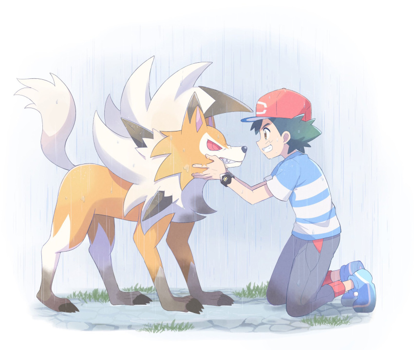 1boy ash_ketchum bangs black_hair blue_footwear from_side grin hat highres kneeling lycanroc lycanroc_(dusk) male_focus mei_(maysroom) outdoors pants pokemon pokemon_(anime) pokemon_(creature) pokemon_sm_(anime) rain red_headwear shirt shoes short_hair short_sleeves smile striped striped_shirt t-shirt teeth