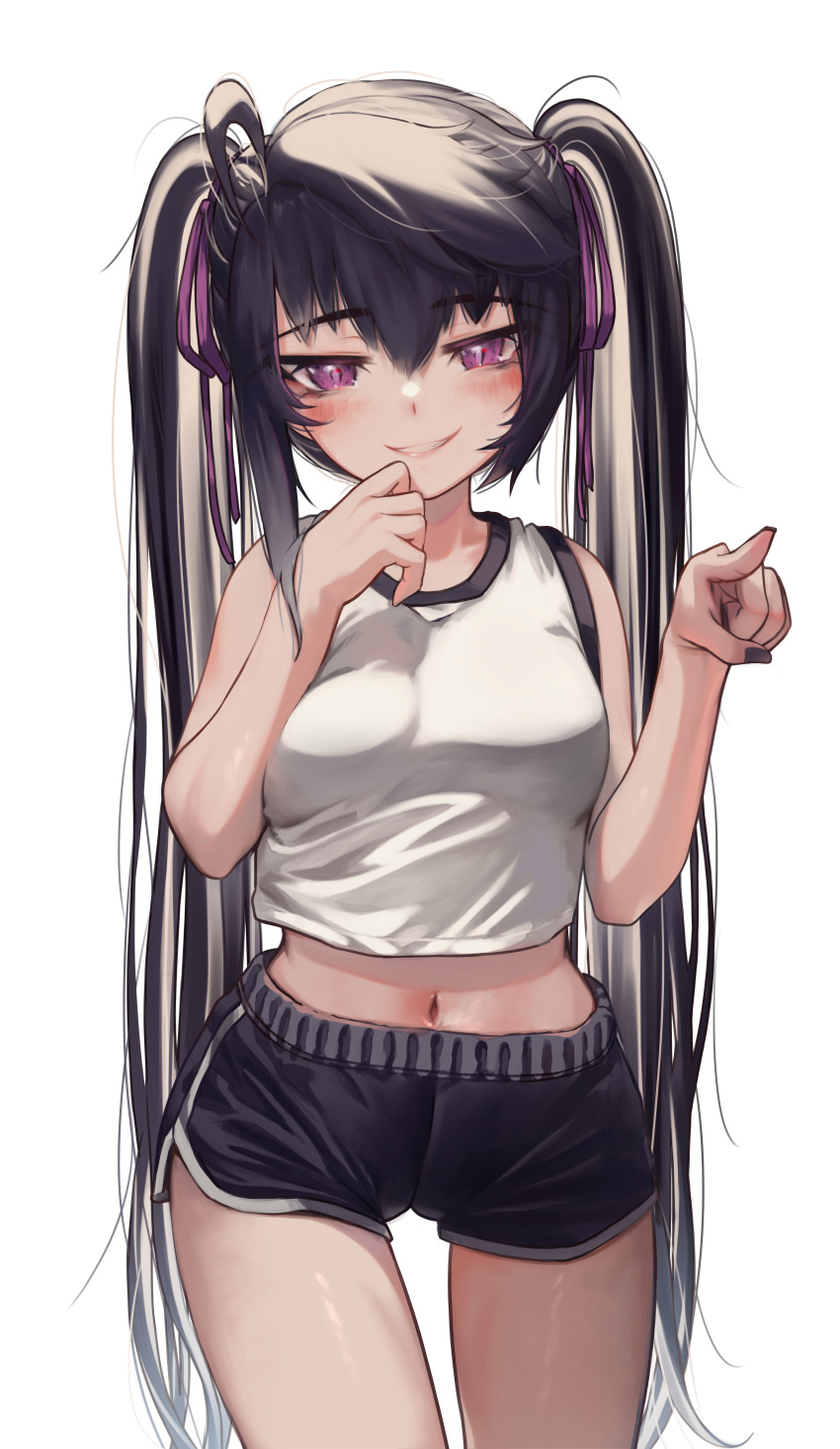 1girl absurdres ahoge bangs bare_arms black_hair black_nails black_shorts blush breasts cowboy_shot crop_top dolphin_shorts hair_between_eyes hair_ribbon hands_up highres long_hair looking_at_viewer medium_breasts midriff nail_polish navel original parted_lips pointing priite_hari_(torriet) purple_eyes purple_ribbon revision ribbon shirt shorts simple_background sleeveless sleeveless_shirt smile solo standing torriet twintails very_long_hair white_background white_shirt