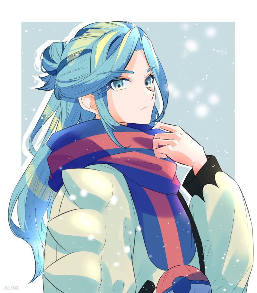 1boy absurdres aqua_eyes aqua_hair artist_name border closed_mouth commentary_request frown grusha_(pokemon) hand_up highres jacket long_hair long_sleeves male_focus meisaki outside_border pokemon pokemon_(game) pokemon_sv scarf snowing solo upper_body white_border yellow_jacket