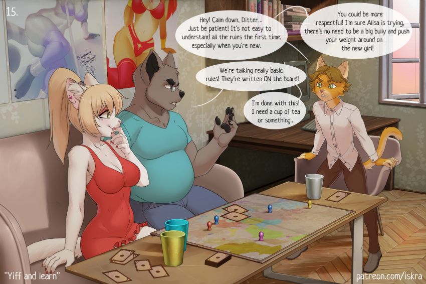 2022 5_fingers alisa_(iskra) anthro blonde_hair board_game breasts brown_body brown_fur canid card chubby_male claws cleavage clothed clothing comic dash_ravo deymos dialogue digital_media_(artwork) ditter_(iskra) domestic_cat ear_piercing english_text eyewear felid feline felis female finger_claws fingers frustrated fur glasses grey_body grey_fur group hair humanoid_hands inside iskra jurgen_(iskra) male mammal open_mouth orange_body orange_fur piercing pink_nose shaded sitting speech_bubble standing text trio upset url white_body white_fur