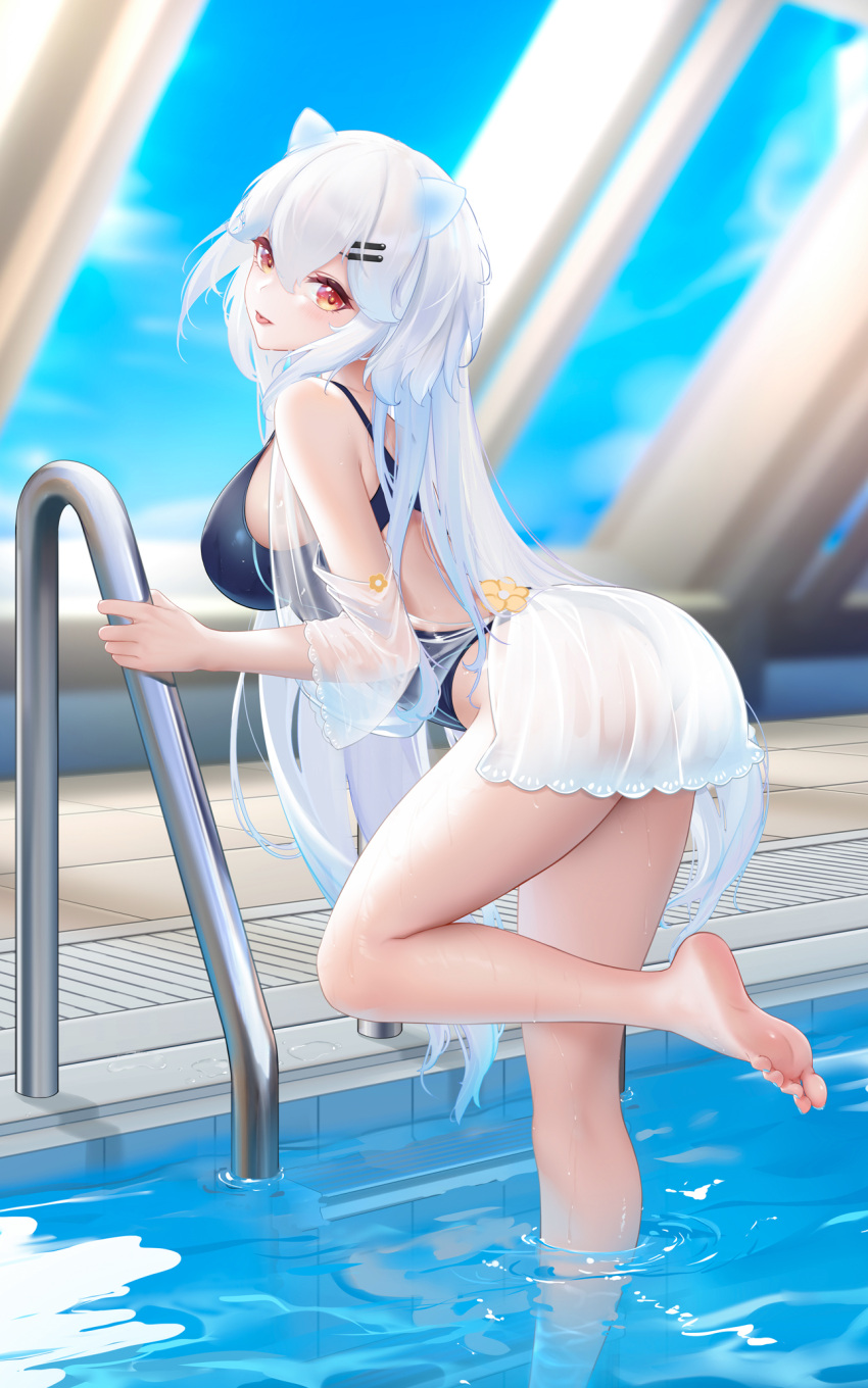 1girl :p animal_ears ass bangs bare_legs barefoot blue_nails blue_swimsuit blush breasts competition_swimsuit feet hair_between_eyes hair_ornament hairclip highres large_breasts liu_liaoliao long_hair looking_at_viewer nail_polish one-piece_swimsuit original pool pool_ladder red_eyes see-through solo standing standing_on_one_leg swimsuit toenail_polish toenails tongue tongue_out very_long_hair water wet white_hair