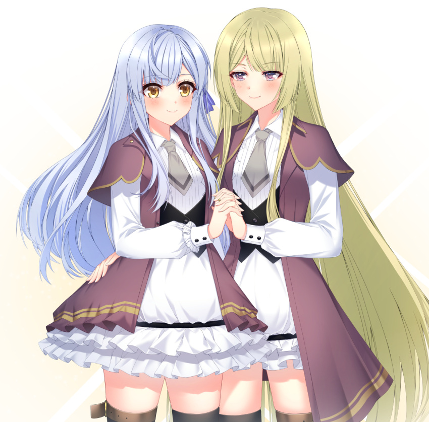 2girls arm_around_waist assault_lily bangs belt black_thighhighs blonde_hair blunt_bangs blush brown_belt brown_coat brown_jacket buttons closed_mouth coat collared_dress commentary cowboy_shot dress english_commentary fingernails frilled_dress frilled_sleeves frills gradient gradient_background grey_hair grey_necktie hair_ribbon hand_on_another's_hip hand_up holding_hands interlocked_fingers jacket jewelry kon_kanaho layered_sleeves long_hair long_sleeves looking_at_viewer miyagawa_takane multiple_girls necktie official_alternate_costume open_clothes open_coat open_jacket piiroinardesco purple_eyes purple_ribbon ribbon ring short_dress short_necktie short_sleeves side-by-side sidelocks smile standing thigh_belt thigh_strap thighhighs underbust very_long_hair wavy_hair white_background white_dress yellow_background yellow_eyes yuri zettai_ryouiki