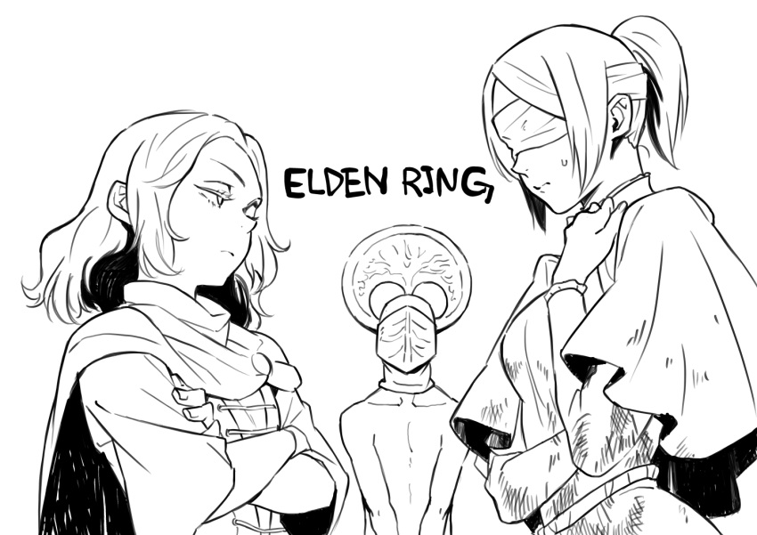 1boy 2girls bannogawa blindfold cape capelet crossed_arms elden_ring hyetta_(elden_ring) melina_(elden_ring) monochrome multiple_girls one_eye_closed ponytail sweatdrop tarnished_(elden_ring) title topless_male upper_body white_background