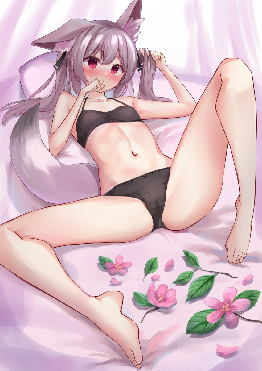 1girl absurdres akinakesu-chan animal_ear_fluff animal_ears arm_up bangs bare_arms bare_legs bare_shoulders barefoot bed_sheet black_bra black_panties black_ribbon blush bow bow_bra bow_panties bra breasts collarbone covered_mouth flower grey_hair hair_between_eyes hair_ribbon hand_up highres knee_up long_hair lying navel on_back original panties petals pillow pink_flower red_eyes ribbon small_breasts solo spread_legs tail twintails underwear underwear_only